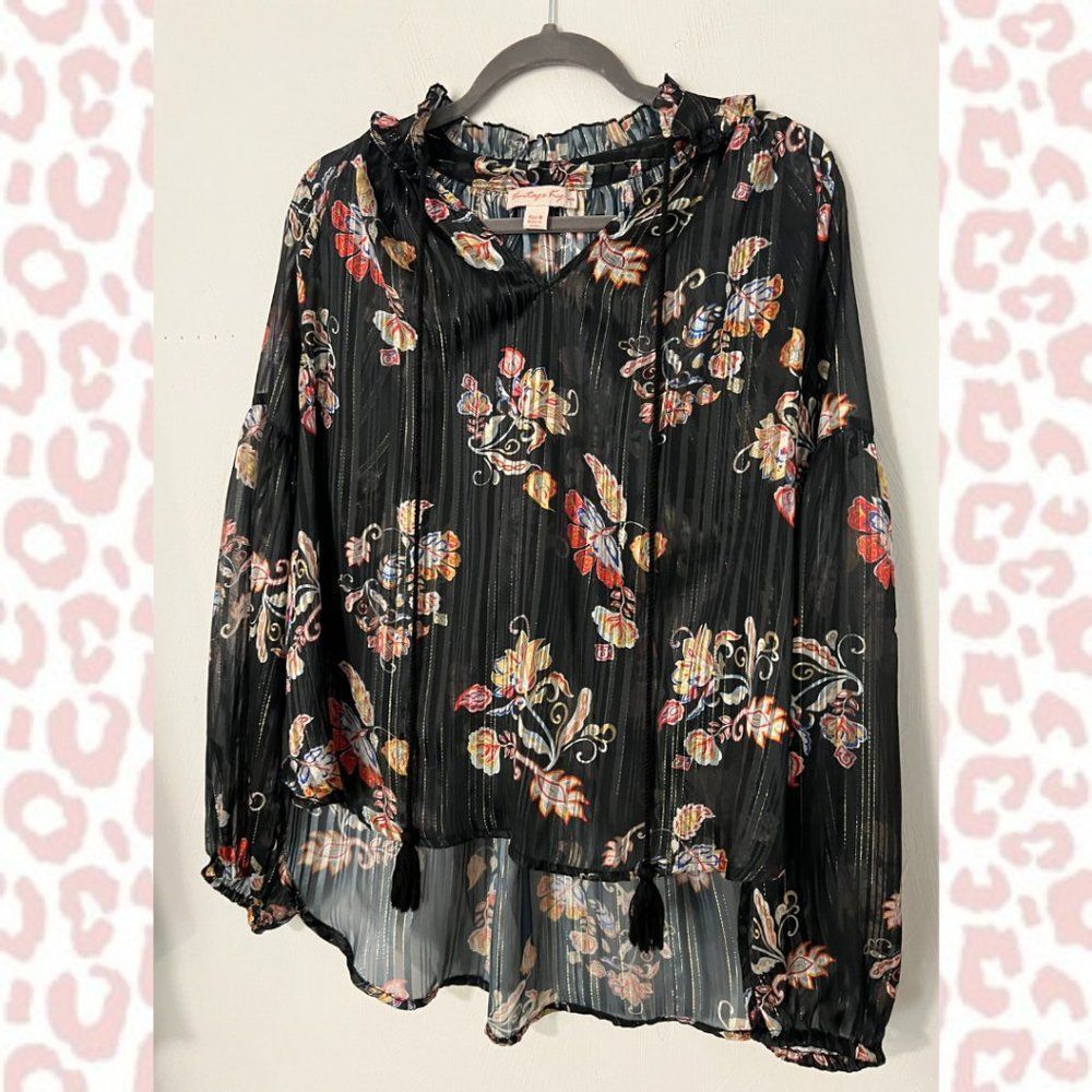 Vintage Kyra Sheer Floral Boho Long Sleeve V Neck Tie Blouse Top​